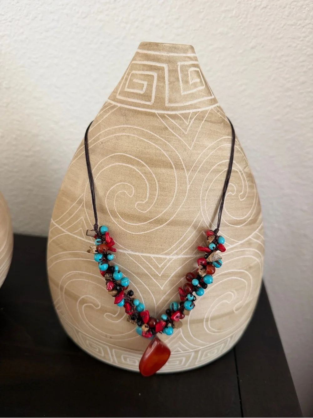 Handmade Turquoise&Red Roral Beaded Necklace good quality from Thailand